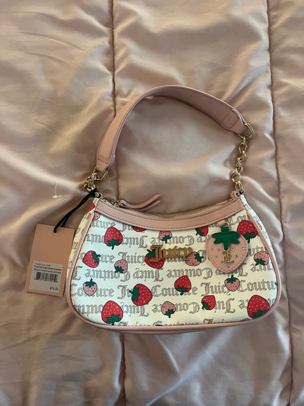 Juicy Couture Pink Strawberry Print Shoulder Bag with Gold Hardware - Picture 2 of 3